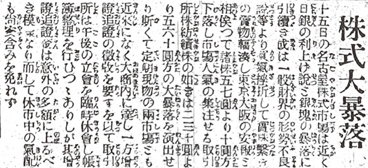 株式大暴落を伝える「名古屋新聞」（現・中日新聞）（大正9年6月16日付）
