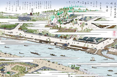尾張名所図会　カラー版、堀川流域の洲崎神社・港と八角堂、右が紫川河口