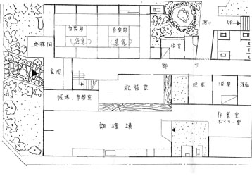 戦後再建した蔦茂旅館　１階平面図　現在地南側と同じ：2階に5客室