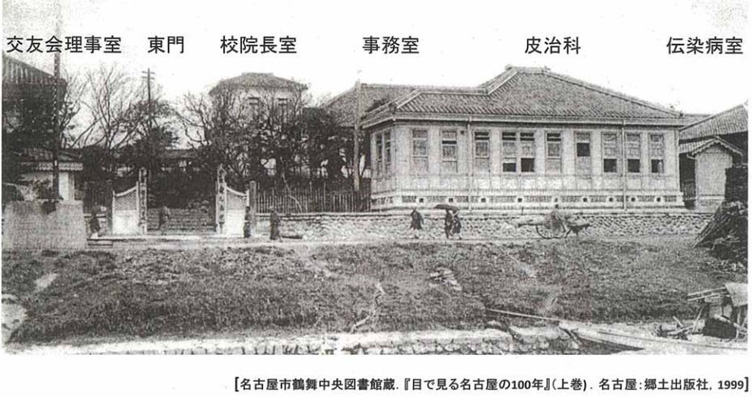 1900年頃の愛知病院と愛知医学校・堀川より東を望む（現在はトーエネック本社）